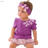 Adorable 3 Piece Set. Purple Headband Shirt and Shorts - DestinationBaby