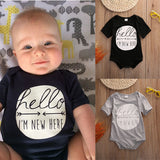 "Hello, Im new here" Baby Onesie Romper Black or Gray - DestinationBaby