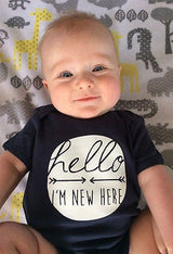 "Hello, Im new here" Baby Onesie Romper Black or Gray - DestinationBaby