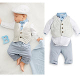 Baby Boys British Style 3 Piece Set. Romper Pants and Vest - DestinationBaby